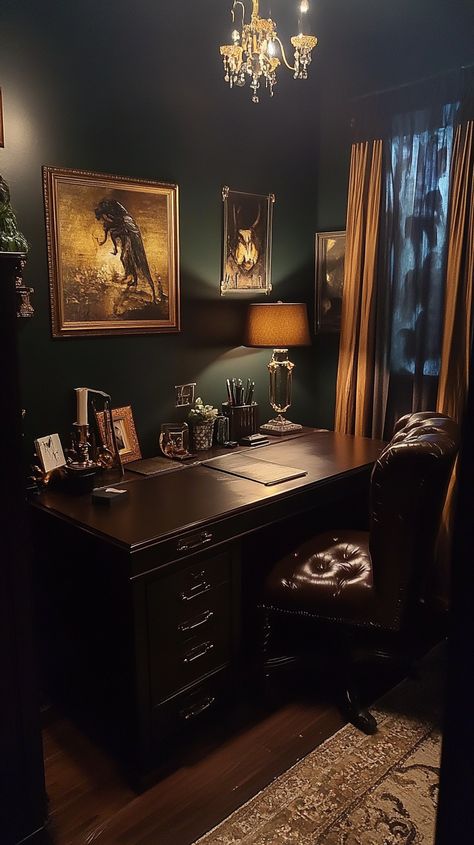 Step into the enigmatic realm of a Scorpio's home office. 🦂✨ Featuring a dark wood desk and luxurious leather chair, this space is adorned with moody lighting and mysterious artwork, creating a perfect sanctuary for deep thought and intense focus. Dive into a world where secrets and creativity intertwine! 🖤🔮 Moody Office Desk, Dark Feminine Office, Old Money Aesthetic Office, Dark Desk Setup, Dark Office Aesthetic, Mysterious Artwork, Witchy Office, Dark Home Office, Dark Academia Desk