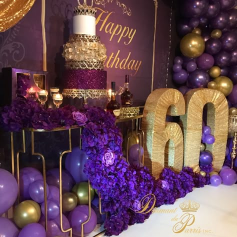 Purple And Gold Centerpieces Birthday, Amethyst Birthday Party, Elegant 60th Birthday Party Decorations, 60th Birthday Ideas For Mom Decoration Backdrops, Birthday Decorations Purple, 60th Birthday Ideas For Mom, Purple Party Decorations, Black Party Decorations, 60th Birthday Party Decorations