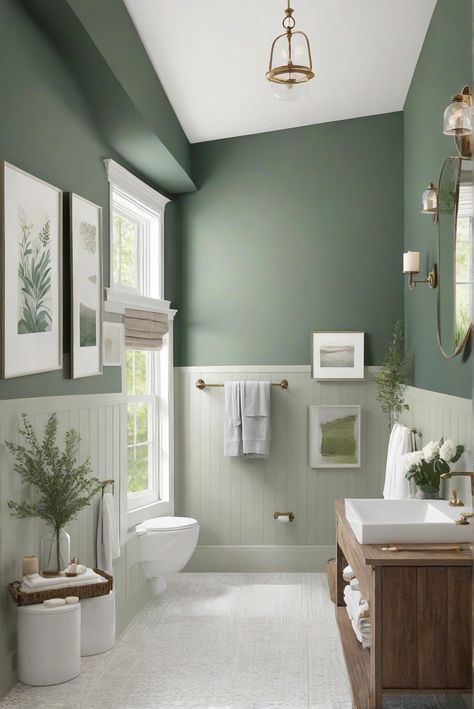 Enhance your bathroom with Newburg Green (HC-158) for a fresh coastal look! Experience the vibrant green accent in this daily interior designer routine. #Ad #homedecor #homedesign #bathroom #Painthome interiorarchitecture best Wall Colors for Bathroom Colors Bright Room Colors best colors combinations bathroom bathroom Remodeling Modern Paint Colors 2024 Best Colors For Tiny Bathroom, Bathroom Design Color Palette, Modern Room Paint Wall Colors, Light Olive Bathroom, Bathroom Painted Green, Newburg Green Bathroom, Painted Bathroom Inspiration, Green Wall Paint Bathroom, Green Toilet Design