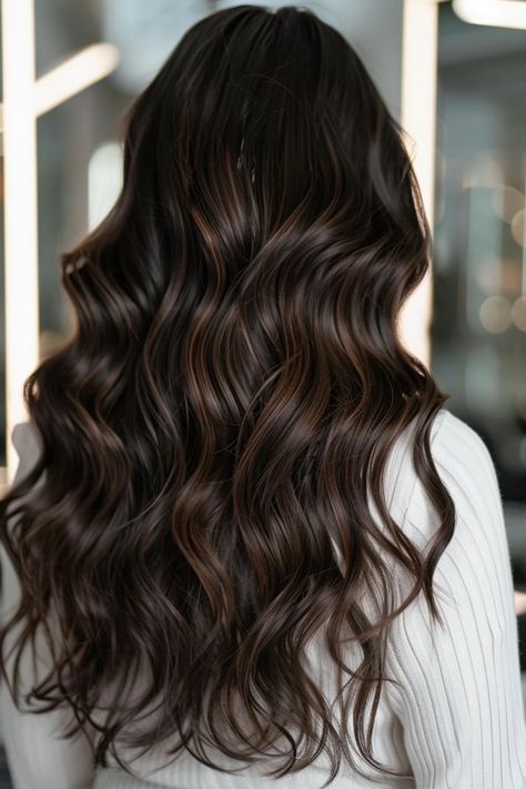 Woman with long wavy dark hair wearing a white sweater. Natural Black Hair With Brown Highlights, Brown Girl Highlights Black Hair, Brown Highlights On Black Hair Straight, Black Hair With Balayage, Highlights Color Ideas, Balayage Subtle, Black Hair With Brown Highlights, Hair With Brown Highlights, Golden Brown Highlights