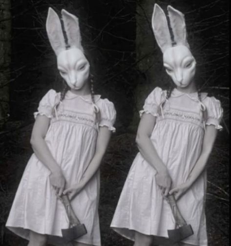 🐇 Scary Rabbit Costume, Sacrificial Lamb Costume, Magician And Rabbit Costume, White Bunny Outfit, Vintage Bunny Costume, Dark Bunny Costume, Evil Bunny Costume, Bunny Outfit Halloween, Bunny Costume Aesthetic