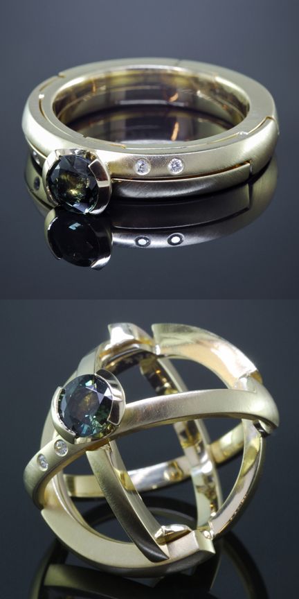 Armillary Ring by Kirk Lang, original designer. Transforms from a traditional engagement ring into an armillary sphere - www.kirklang.com Armillary Ring, Kinetic Jewellery, Puzzle Rings, Sphere Ring, Traditional Engagement Ring, Kinetic Jewelry, Traditional Ring, Brilliant Ring, Traditional Engagement