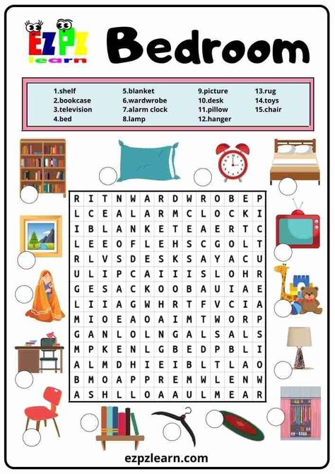 Bedroom Worksheet, English Crosswords Worksheets, English Games Teaching, Hello English, Classroom Bulletin Boards Elementary, Word Puzzles For Kids, Free Printable Word Searches, English Activities For Kids, English Games