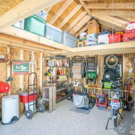 Shed Interiors Storage, Storage Shed Organization Wall Shelves, Diy Shed Organization Ideas, Storage Shed Loft Ideas, Storage Building Shelving Ideas, Shed Organized Storage Ideas, Organize Shed Storage, Maximize Shed Storage, Working Shed Ideas