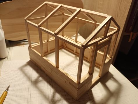 Miniature Greenhouse Diy, Greenhouse Dollhouse, Green House Model, Dollhouse Greenhouse, Popsicle House, Popsicle Stick Diy, Miniature Greenhouse, Diy Popsicle, Doll Furniture Diy