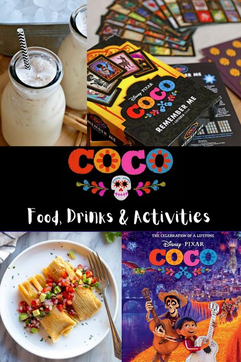 Go 'un poco loco' with these simple Coco activities:  1. Play Loteria with a fun Coco themed twist  2. Cook homemade tamales just like Abuelita's 3. Make horchata (a classic Mexican drink)   Remeber Me Loteria: https://www.amazon.com/Disney-Pixar-Coco-Remember-LOTERIA/dp/B07815PZ2K#:~:text=The%20''Remember%20Me'',and%20friends%20together%20in%20harmony.  Horchata: https://www.mylatinatable.com/authentic-horchata-recipe/  #coco #disney #tamale #movienight #gamenight #family Coco Movie Night Food, Coco Movie Food Ideas, Coco Themed Food, Coco Dinner And A Movie, Coco Themed Dinner, Coco Food Ideas, Coco Movie Night, Authentic Horchata, Coco Recipes