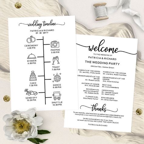 Wedding Itinerary Icon Chic Script Wedding Program Ceremony Outline, Wedding Welcome Letters, Wedding Weekend Itinerary, Elegant Wedding Programs, Wedding Binder, Vow Renewal Ceremony, Wedding Schedule, Wedding Program Fans, Wedding Itinerary