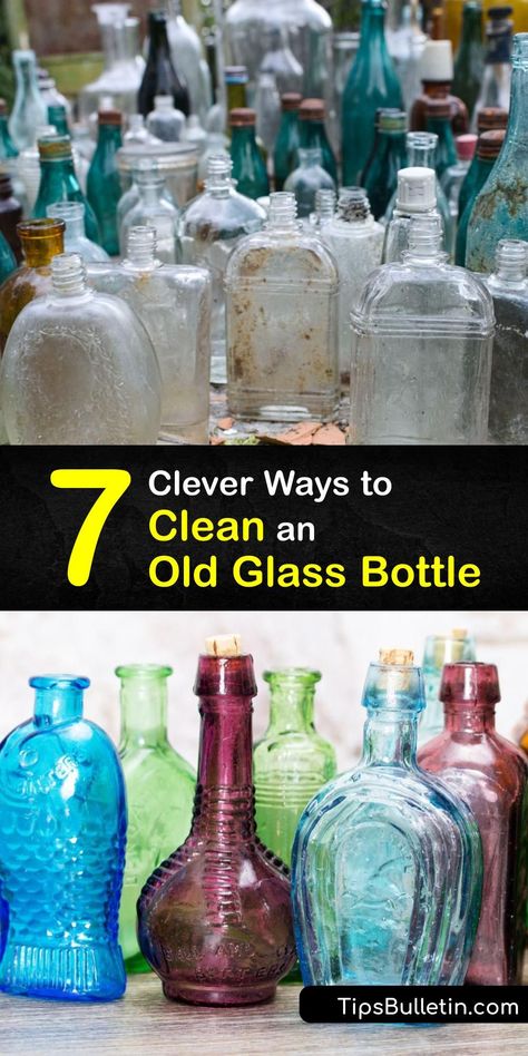 Clean glass bottles are great for reuse and recycling, but how do you get an antique bottle, water bottle, spray bottle, or a set of glass jars squeaky clean? Discover the best bottle cleaning tricks in this article. Go beyond the bottle brush with this tutorial. #clean #glass #old #bottles Glass Cleaning Bottles, Glass Bottle Diy Projects, Antique Medicine Bottles, Old Medicine Bottles, Large Glass Bottle, Glass Water Jug, Old Glass Bottles, Bottle Spray, Clean Bottle