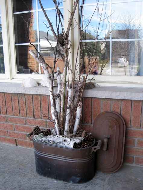 Decorating with Birch Branches | Sense and Simplicity: Front Porch Spring Decorations Front Porch Spring, Log Decor, Birch Tree Decor, Front Door Planters, Porch Trees, Birch Craft, Door Planter, Tree Branch Decor, Spring Basket