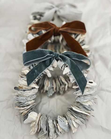 Packing up these pretty oyster wreaths today! They are on the way to @nestandnookon21st tomorrow! #littlesercies #nestandnookon21st #oysterwreaths #oystergifts #coastalwreaths #velvetribbon Oyster Wreath, Oyster Shell Wreath, Shells Decor, Oyster Shells Decor, Seashell Art Diy, Blessing Beads, Coastal Wreath, Oyster Shell Crafts, Seashell Projects