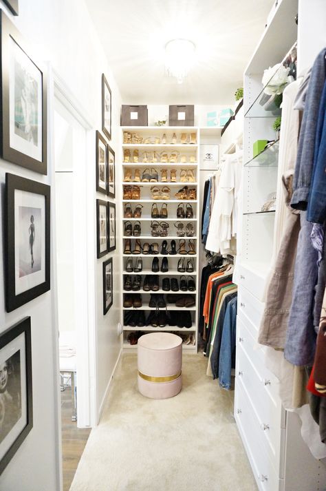 The master closet, my favorite room in the house. Every woman deserves a special place to prepare for the day, and this is that space for me! House Closet Ideas, Tiny House Closet Ideas, Master Closet Layout, Narrow Closet Design, Closet Redesign, Small Master Closet, Small Closet Design, Tiny House Closet, Closet Dressing Room