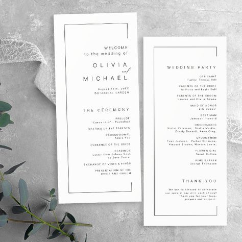 Modern chic typography minimalist wedding program Black And White Wedding Programs, Simple Wedding Programs, Typography Minimalist, Stationary Ideas, Modern Chic Wedding, Minimalist Photos, Chic Frames, Wedding 2025, Menu Card