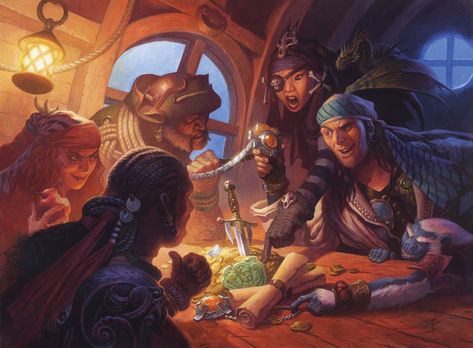 http://www.artofmtg.com/art/rowdy-crew/ Pirate Crew Fantasy Art, Pirate Crew Aesthetic, Pirate Crew Art, Isekai Aesthetic, Character Spread, Steve Prescott, Warhammer Artwork, Green Scales, Pirate Crew