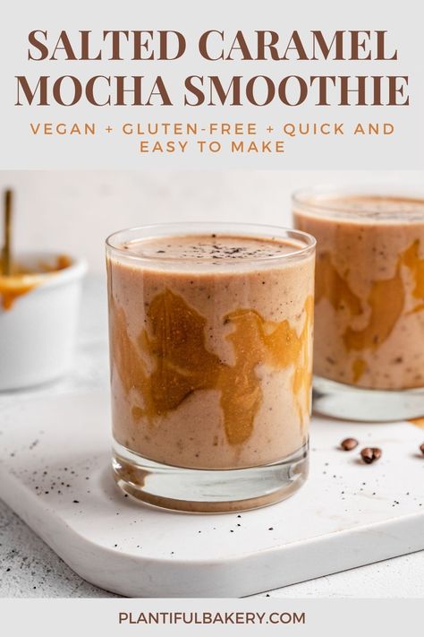 This Salted Caramel Mocha Smoothie is rich, flavorful, refreshing, and super delicious. It is made from frozen bananas, peanut butter, dates, almond milk, coffee, and sea salt. Perfect quick and easy healthy breakfast or snack. Vegan, gluten-free, dairy-free. #healthysaltedcaramelsmoothie #vegansaltedcaramelsmoothie #seasaltedcaramelsmoothie #bananasaltedcaramelsmoothie #peanutbuttermochasmoothierecipe #mochasmoothiehealthyalmondmilk #coffeesmoothiehealthybreakfastalmondmilk Peanut Butter Dates, Salted Caramel Smoothie, Coffee Blender, Mocha Smoothie, Handheld Frother, Vegan Drinks Recipes, Almond Milk Coffee, Dairy Free Coffee, Salted Caramel Mocha