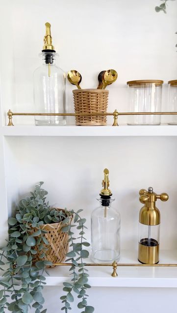 Shelves With Brass Rails, Gallery Railing, Kitchen Floating Shelves, Basement Kitchen, Maximize Storage, Little Kitchen, Coffee Station, Kitchen Inspo, Cottage Kitchen