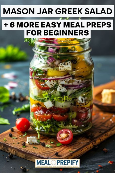 Mason jars filled with Greek salad ingredients, ideal for make-ahead meal prep. Jar Greek Salad, Jar Lunch Ideas, Jar Meal Prep, Easy And Healthy Meal Prep, Mason Jar Uses, Mason Jar Meal Prep, Mason Jar Lunch, Salad Jar Recipe, Easy Meal Prep Ideas