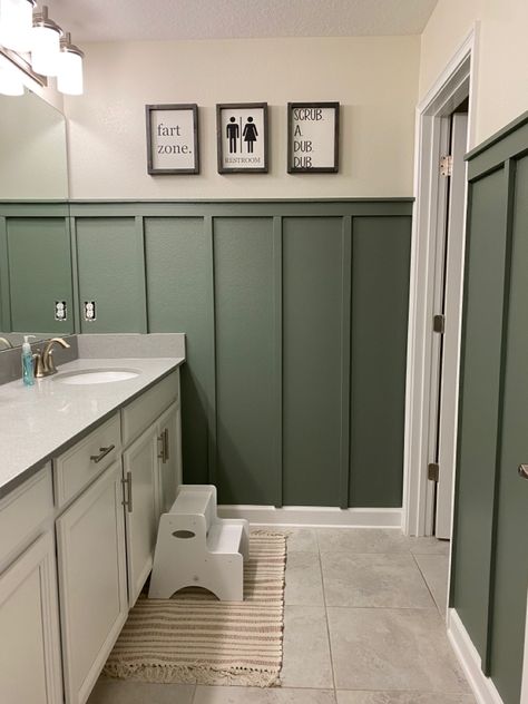 Bold Board And Batten Wall, Board And Batten Wall Dark Green, Olive Green Beadboard Bathroom, Bathroom Board And Batten Colors, Split Color Bathroom Wall, Hunter Green Accent Wall Bathroom, Green Wall Color Bathroom, Green Batten Board Bathroom, Bathroom Green Board And Batten