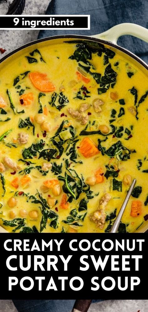 Sweet Potato Kale Soup, Kale Sweet Potato Soup, Potato Kale Soup, Sweet Potato Coconut Curry, Curried Sweet Potato Soup, Kale Soup Recipes, Sweet Potato Soup Recipes, Coconut Curry Soup, Curry Stew