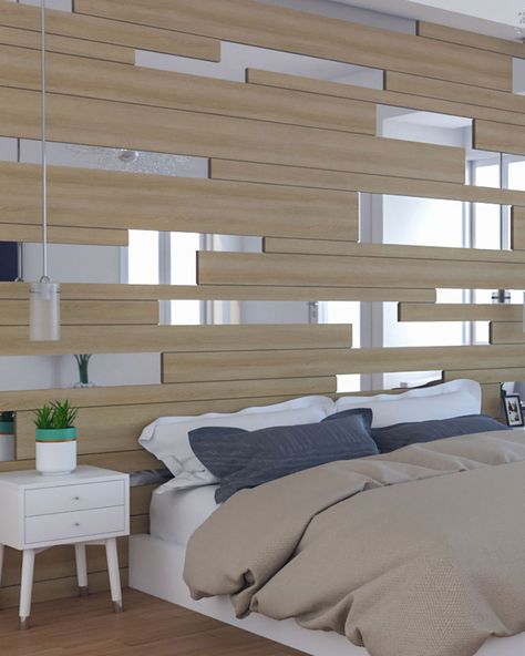 Wood And Mirror Accent Wall, Mirror Panelling Wall Master Bedrooms, Mirror And Wood Wall Panel, Accent Wall With Mirror Design, Accent Walls With Mirrors, Mirror And Wood Wall Design, Accent Wall With Mirrors, Mirrored Accent Wall, Modern Bedroom Wall Paneling Ideas