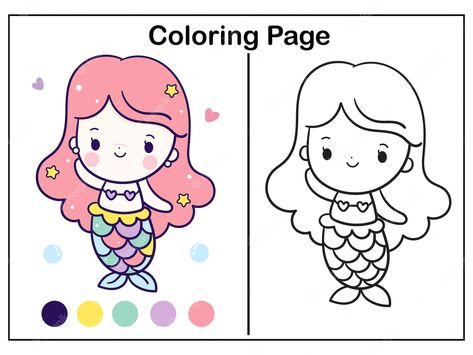 Premium Vector | Coloring mermaid princess cartoon kawaii illustration Princess Vector, Drawing Mermaid, Kawaii Fish, Fish Animal, Fashion Artwork, Outline Illustration, Mermaid Coloring Pages, Mermaid Parties, Kawaii Illustration