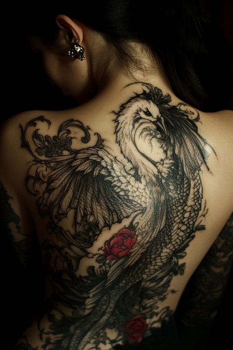 Woman displaying a large, detailed phoenix tattoo covering her back, with two roses incorporated into the design. Gothic Back Tattoo, Back Tattoo Designs For Women, Back Tattoo Inspiration, Back Tattoo Ideas For Women, Back Tattoo Placements, Back Tattoos For Women, Back Tattoo Designs, Back Tattoo Ideas, Compass Rose Tattoo