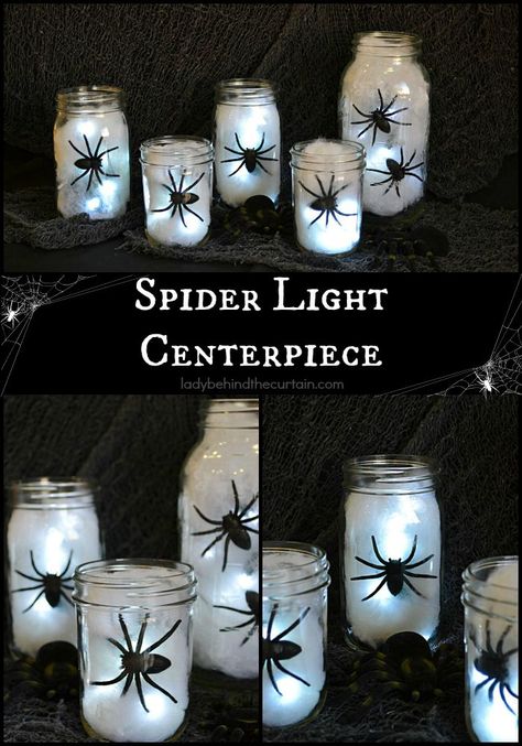 Halloween Spider Light Centerpiece Halloween Mason Jars Diy, Halloween Mason Jars, Lighted Centerpieces, Spider Light, Creepy Halloween Decorations, Diy Halloween Decor, Halloween Centerpiece, Halloween Decorations Indoor, Halloween Lights