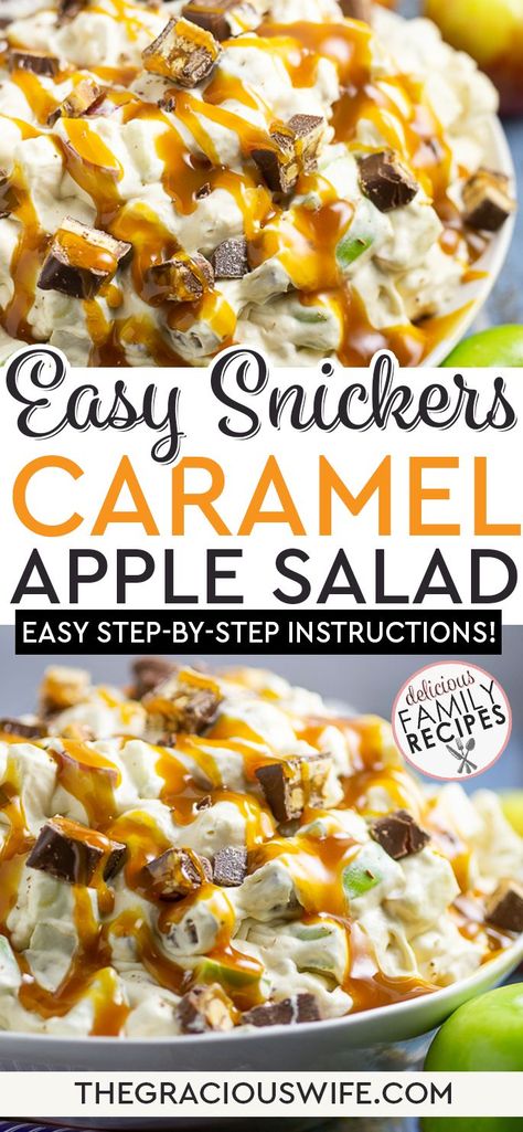 Caramel Apple Salad Recipe, Snickers Caramel Apple Salad, Taffy Apple Salad, Snickers Dessert, Dessert Salad Recipes, Apple Salad Recipe, Caramel Apple Salad, Caramel Apple Desserts, Snicker Apple Salad