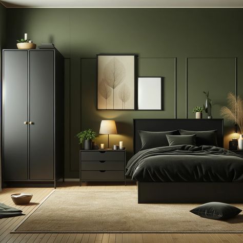 olive green walls and black bedroom furniture Dark Green Bedroom Black Furniture, Bedroom Color With Black Furniture, Army Green Bedroom Walls, Green Walls Black Furniture, Green Bedroom With Black Furniture, Olive Green And Black Bedroom, Olive Green Room Ideas Bedrooms, Olive Bedroom Ideas, Green Black Bedroom