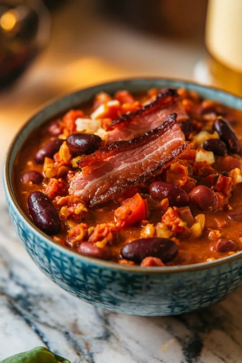 A photo of a  Smoky Bacon and Beer Chili a crockpot chili recipe Beer Crockpot Recipes, Bacon And Beans Recipe, Crockpot Chili Recipes, Best Crockpot Chili, Easy Crockpot Chili, Bbq Chili, Crockpot Chili Recipe, Easy Chili Recipe Crockpot, Award Winning Chili