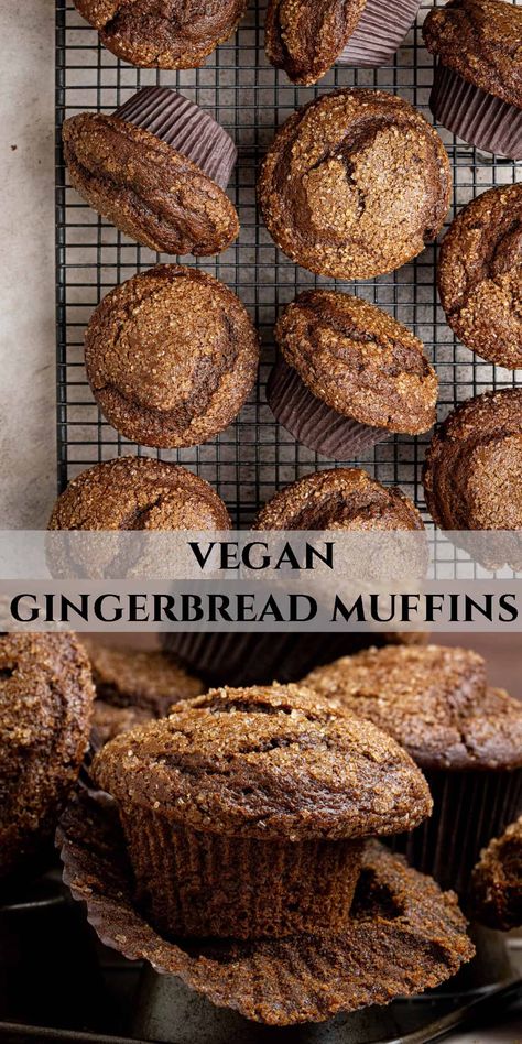 Vegan gingerbread muffins - these easy eggless muffins are super soft, moist and fluffy with a rich spiced treacle (molasses) flavour. They are great any time of year but especially good around bonfire night and Christmas! Vegan Gingerbread Muffins, Best Vegan Muffins, Vegan Savory Muffins, Vegan Christmas Cupcakes, Christmas Baking Vegan, Vegan Winter Meals, Vegetarian Winter Recipes, Vegan Christmas Baking, Winter Muffins