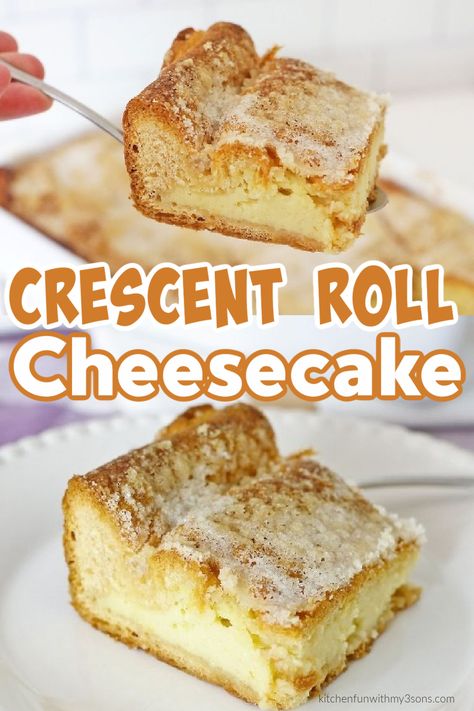 Cheesecake is a soft, creamy, and delicious dessert. From the start of making it to the end, where you're taking the last bite. This Crescent Roll Cheesecake is amazing and will just melt in your mouth. Crescent Roll Recipes Dessert, Crescent Roll Casserole, Crescent Roll Dessert, Easy Crescent Rolls, Crescent Roll Cheesecake, Roll Cheesecake, Crescent Roll Crust, Cream Cheese Crescent Rolls, Cheese Crescent Rolls