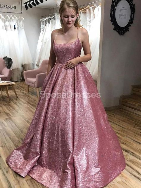 Rose Gold Prom Dress, Sparkle Prom Dress, Prom Dresses Long Pink, Formal Ball Gown, Gold Prom Dresses, Professional Dress, Prom Dresses With Pockets, Spaghetti Strap Prom Dress, Pink Prom Dress