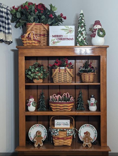 Baskets On Shelves, Wicker Basket Ideas, Decorating With Longaberger, Longaberger Basket Ideas, Candy Cane Theme, Basket Decor Ideas, Victorian Christmas Decorations, Primitive Country Christmas, Top Of Cabinets