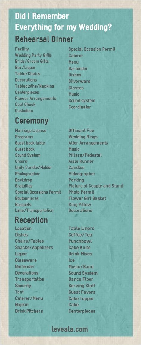 Here is a Wedding Checklist of everything you need to have at your Wedding Rehearsal, Ceremony and Reception! http://www.leveala.com/remember-everything-wedding-wedding-checklist/ Plan your wedding now! - http://tips-wedding.com/how-to-plan-wedding-checklist/ Reception Checklist, Checklist Wedding, Sisters Wedding, Boda Mexicana, Wedding Info, Bride And Groom Gifts, Planning Checklist, Vegas Baby, Wedding Rehearsal Dinner