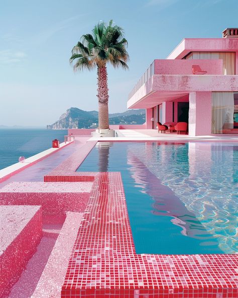 Welcome to your pink paradise 🌴💖 #thisisnotreal #aidreamscapes #dreamcore #dreamcoreaesthetic #ai #interiordesign #dreaminteriors #mansion #homedesign #homesweethome #dreamland #pinkaesthetic #glitteraesthetic #aiart #aicommunity #interiors #aiphotography #glitter #midjourneyprompt #generativeart #pinkandblue #dreamhome #dreamhouse #exteriordesign Pink Pool Aesthetic, Pink Swimming Pool, 80s Interior Design, Pink Pool, Murs Roses, 80s Interior, Pencil Drawings Of Girls, Pink Paradise, Sunken Living Room