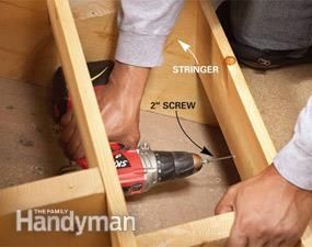 How to Repair Squeaky Stairs (DIY) | Family Handyman Squeaky Stairs, Creaky Stairs, Leftover Carpet, Stairs Repair, Fix Squeaky Floors, Squeaky Floors, Basement Stairs Ideas, Flooring For Stairs, Handyman Projects