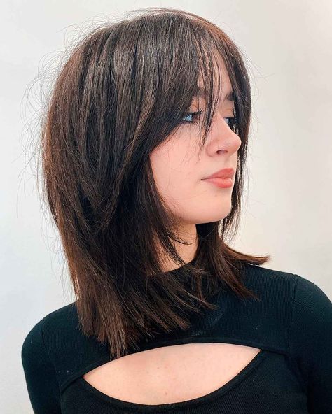 Mid Length Haircut For Fine Thinning Hair, Midlength Haircuts For Fine Hair Straight, Shag Fine Straight Hair, Medium Haircuts For Thick Hair Women, Short Mid Length Hair Straight, Short Hair Layers With Curtain Bangs, Straight Hairstyles Shoulder Length, Mid Straight Hair, Fine Straight Hair Haircuts Medium