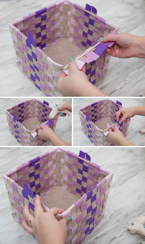 How To Easily Make Woven Felt Baskets ~ Perfect For Easter! Ribbon Basket, Easter Basket Crafts, Felted Basket, Become Beautiful, Felt Glue, Felt Basket, Diy Rope Basket, Easter Hat, Felt Squares