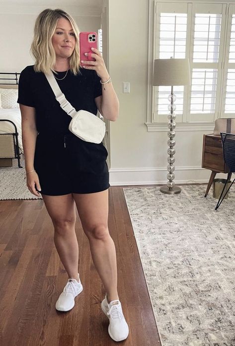 Short And Sneakers Outfit Summer, Outfit With Sneakers Summer, Shorts Tennis Shoes Outfit, Sporty Romper Outfit, Vacation Sneaker Outfits, Cute Summer Outfits With Sneakers, Casual Running Errands Outfit Summer, Casual Summer Sneaker Outfits, Athleisure Shorts Outfit