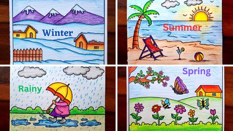 Video Tutorial uploaded on Amrita's_Artwork_333. Subscribe for more creative Drawings and School Projects. Four Seasons Drawing | Type of Seasons Drawing for kids Easy steps | Weather Seasons Drawing ideas 4 Seasons Drawing Ideas, Weather Drawings Art, Four Seasons Drawing For Kids, Season Charts For Kids, Seasons Chart Preschool, Winter Season Drawing For Kids, Weather Chart Ideas, 4 Seasons Drawing, Four Seasons Drawing