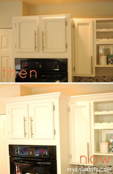 adding instant drama to kitchen cabinets, diy, home decor, kitchen cabinets, kitchen design, woodworking projects, Check out the BEFORE and AFTER Looks so dang good Easy Diy Kitchen Cabinets, Kitchen Cabinet Molding, Kitchen Cabinet Crown Molding, Kitchen Cabinet Plans, Espresso Kitchen Cabinets, Smeg Kitchen, Cabinet Molding, Espresso Kitchen, Cabinets Makeover