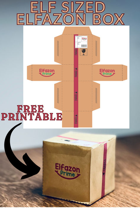 Free printable of an elf-sized 'Elfazon Prime' box template. Miniature Amazon-style box designed as a fun holiday prop for Christmas elf traditions. Perfect for creating playful elf setups with a whimsical North Pole delivery theme. Printable Amazon Boxes, Mini Amazon Box Printable, Mini Amazon Box Printable Free, Elf Boxes For Christmas, Amazon Box Printable, Elfazon Boxes, Mini Printables Free, Elf Kisses Free Printable, Elf On The Shelf Props