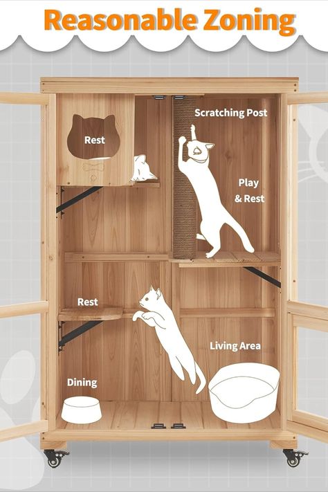 MCombo Luxury Cat House with Scratching Post, Wooden Large Cat Villa with Wheels, Multi-Feature Cat Condo with Escape Door, Cat Cages Enclosures with Shelter Indoor/Outdoor Dog And Cat House Combo, Cat Indoor House, Diy Indoor Cat House, Cat Hotel Design, Luxury Cat Room, Cat Cages Outdoor, Cat Cage Ideas, Cat Condo Ideas, Cat Enclosure Indoor