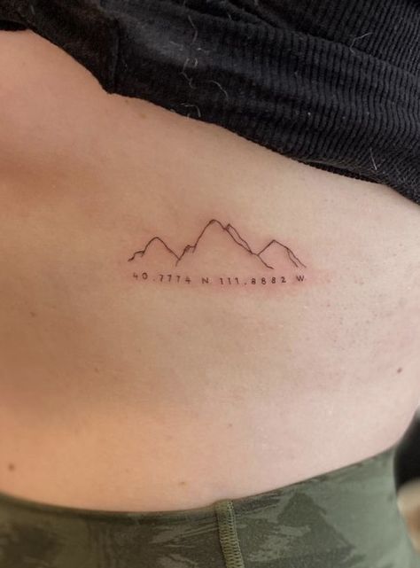 Tattoo by @andyoutattoo on instagram Sister Tattoos Mountains, Map And Mountains Tattoo, Dainty Tattoos Mountains, Four Mountains Tattoo, 3 Mountain Tattoo, Mountain Sibling Tattoo, Tattoo Ideas Mountains Simple, Continuous Line Mountain Tattoo, Mountain With Words Tattoo