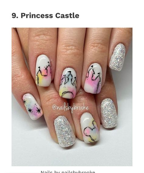 Disney Castle Nails, Disney Nail Design, Castle Nails, Disney Nail Ideas, Princess Nail Designs, Disney Manicure, Disney Princess Nails, Disneyland Nails, Disney Nail Designs