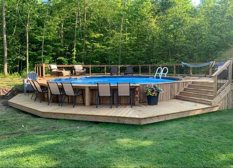 Above Ground Pool With Deck Around It, Above Ground Pool Ideas With Deck, Above Ground Pool Slide, Pool Patio Designs, Decks Around Pools, Diy Above Ground Pool, Above Ground Pool Deck, Blackstone Recipes, Dream Backyard Pool