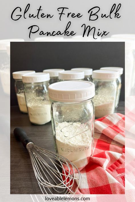 eight mason jars of pancake mix with a whisk and red and white napkin. Homemade Gluten Free Pancake Mix Recipe, Gf Pancake Mix Recipe, Gluten Free Waffle Mix Recipe, Bulk Pancake Mix Recipe, Gluten Free Pancake Mix Recipe, Gluten Free Waffle Mix, Homemade Pancake Mix Recipe, Gluten Free Pancakes Easy, Waffle Mix Recipes