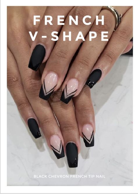 Chevron French Tip Nails Coffin, Black And White Chevron Nails, Black V French Tip Nails Square, Chevron Tip Nails, Black Chevron Nails, V Shaped French Tip Nails Coffin, V Tip Nail Designs, Black V Shape French Tip Nails, Half French Tip Nails Half Solid