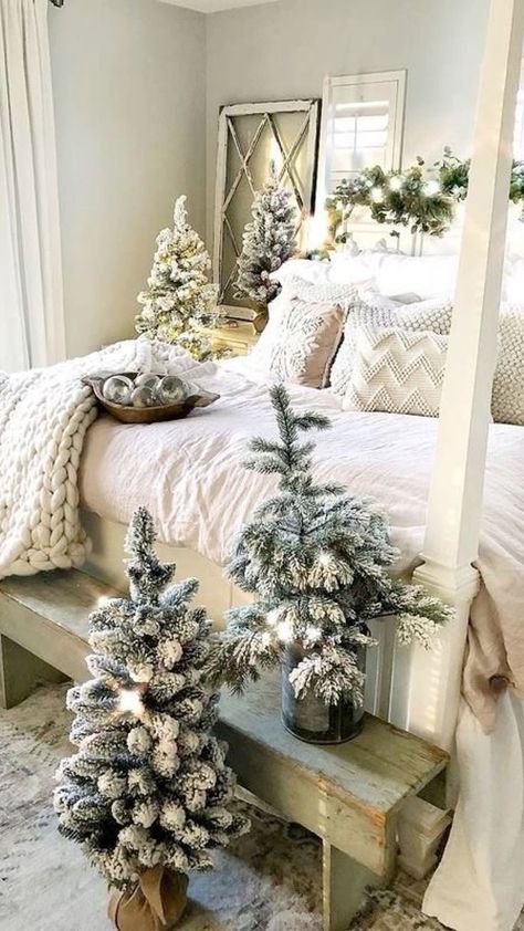 41 Unique and Eye-Catching Christmas Bedroom Decorating Ideas Green And White Christmas Bedroom, White Christmas Bedroom, Christmas Bedrooms, Holiday Bedroom Decor, Green And White Christmas, Holiday Bedroom, Pastel Color Schemes, Leather Headboard, Bedding Ideas