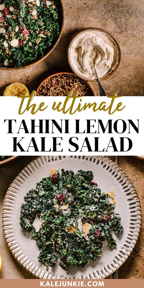 Lemon Tahini Salad, Kale Salad Tahini Dressing, High Protein Kale Salad, Tahini Salad Recipes, Kale Salad Dressing Recipes, Tahini Dressing Salad, Paleo Kale Salad, Recipes With Tahini, Tahini Kale Salad